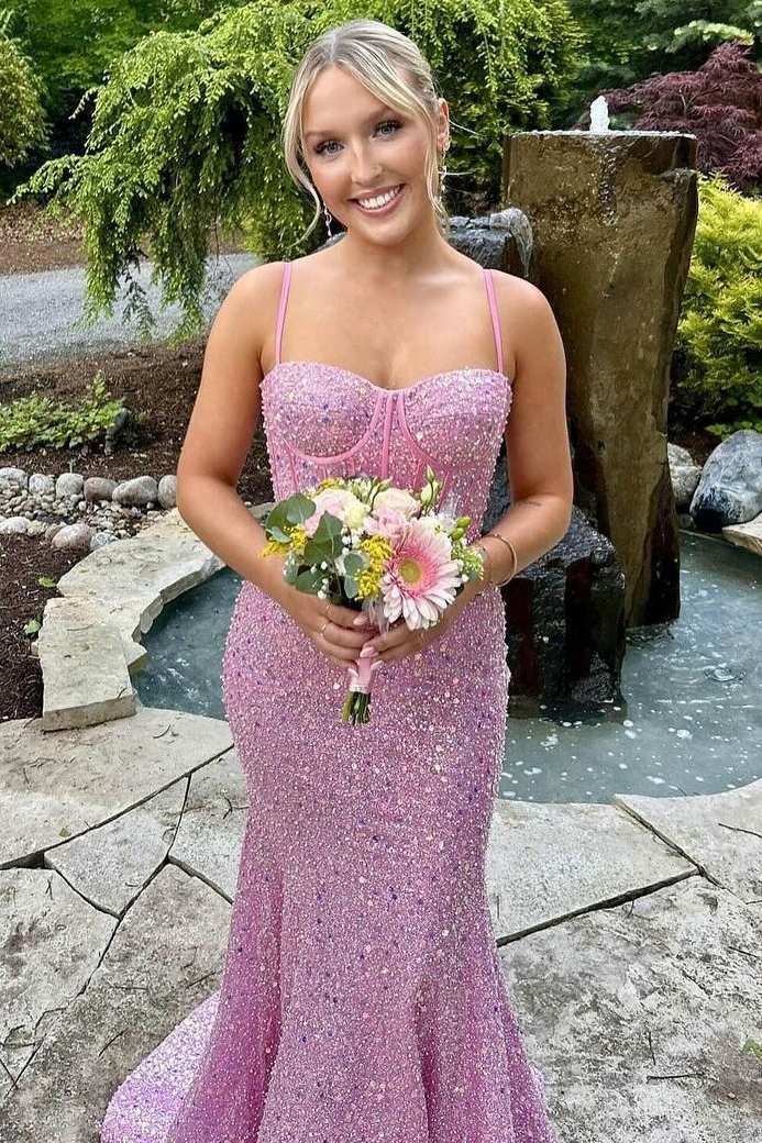 Sevoba|Mermaid Spaghetti Straps Glitter Mermaid Long Prom Formal Dress