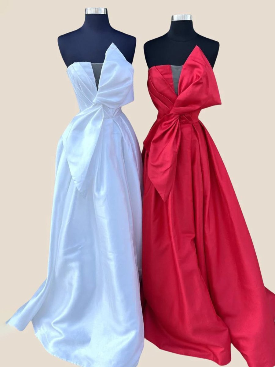 Edgar | Strapless White Satin A-line Long Formal Dress with Bow