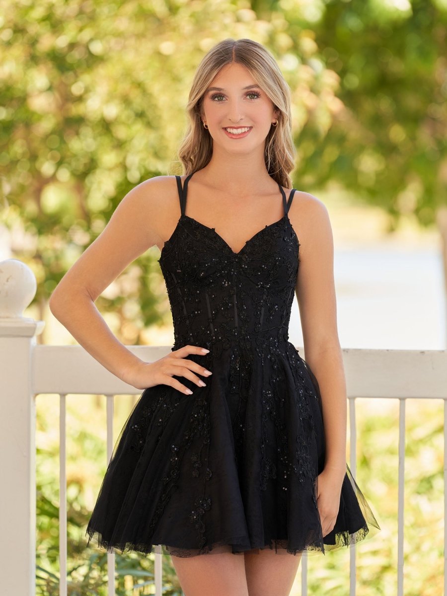Sevoba|A-Line Lace Spaghetti-Straps Black short Homecoming Dress