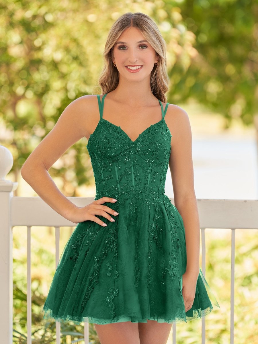Sevoba|A-Line Lace Spaghetti-Straps Black short Homecoming Dress