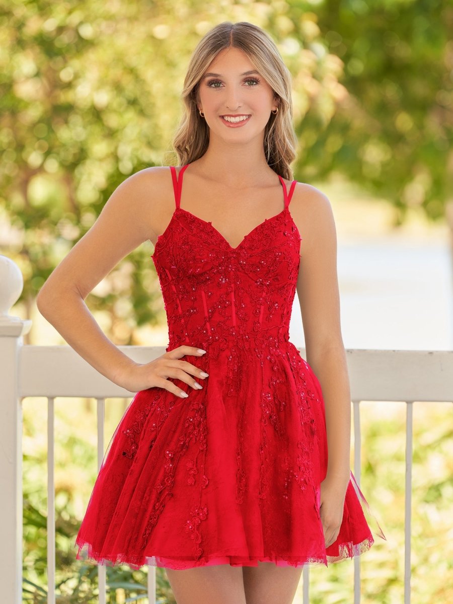 Sevoba|A-Line Lace Spaghetti-Straps Black short Homecoming Dress