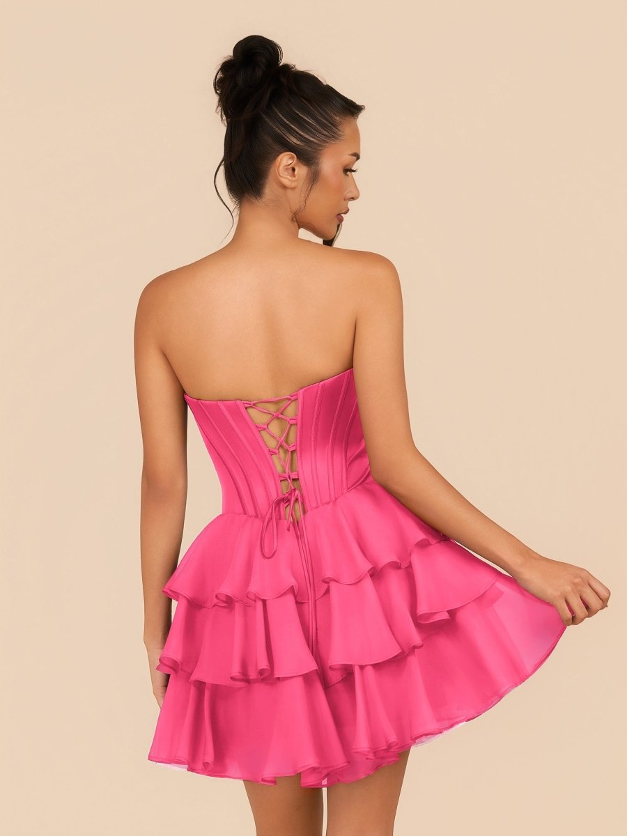 Sevoba|Hot Pink - Strapless A Line Ruffles Homecoming Dress With Beading