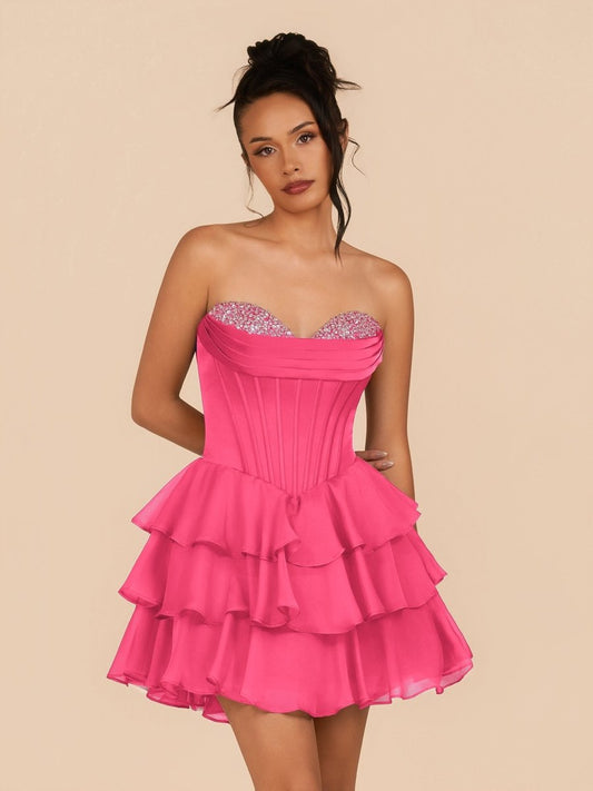 Sevoba|Hot Pink - Strapless A Line Ruffles Homecoming Dress With Beading