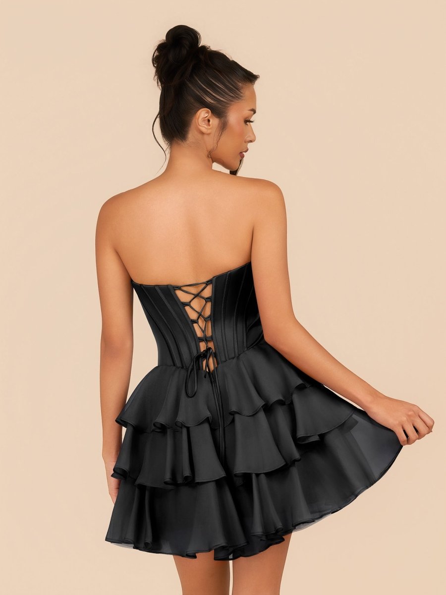 Sevoba|Black - Strapless A Line Ruffles Homecoming Dress With Beading