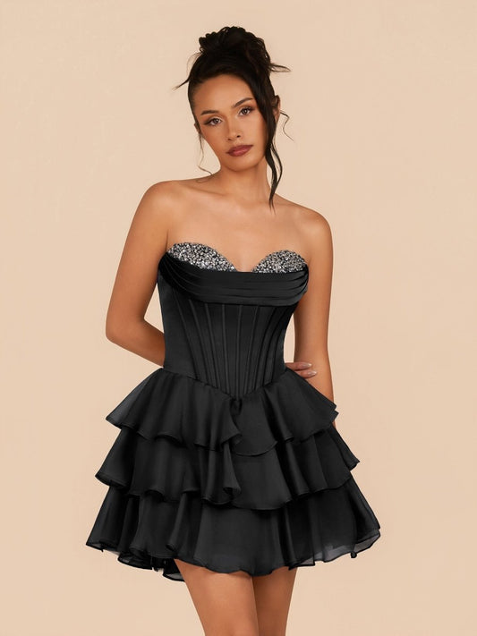 Sevoba|Black - Strapless A Line Ruffles Homecoming Dress With Beading