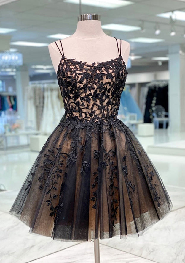 Elegant A-line Bateau Sleeveless Lace Tulle Homecoming Dress with Beading