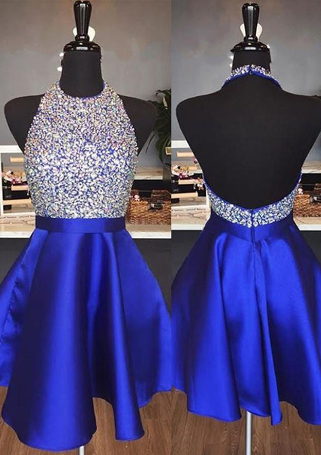 Elegant A-line Halter Sleeveless Satin Short Homecoming Dress with Beading Sequins