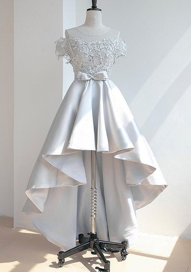 Elegant A-line Illusion Neck Satin Asymmetrical Homecoming Dress with Appliqued Waistband