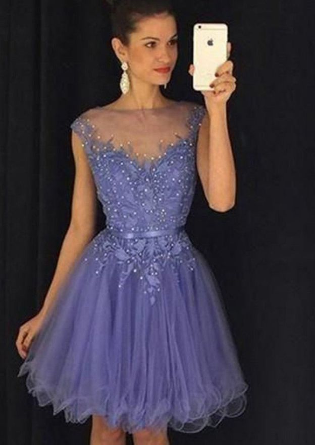 Elegant A-line Illusion Neck Sleeveless Homecoming Dress With Appliqued Beading and Tulle Short Skirt