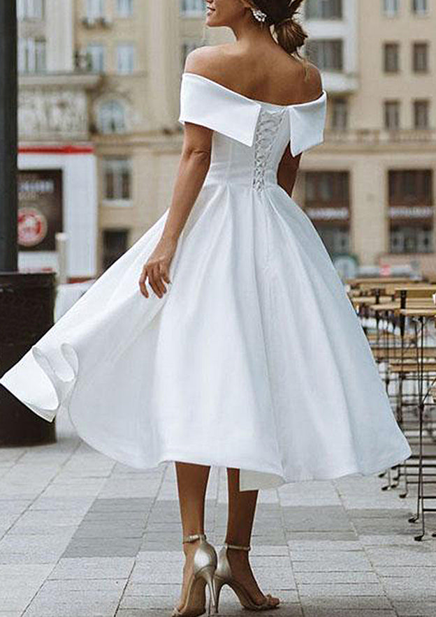 Elegant A-line Off-the-Shoulder Homecoming Dress with Satin Pleated Ruffles