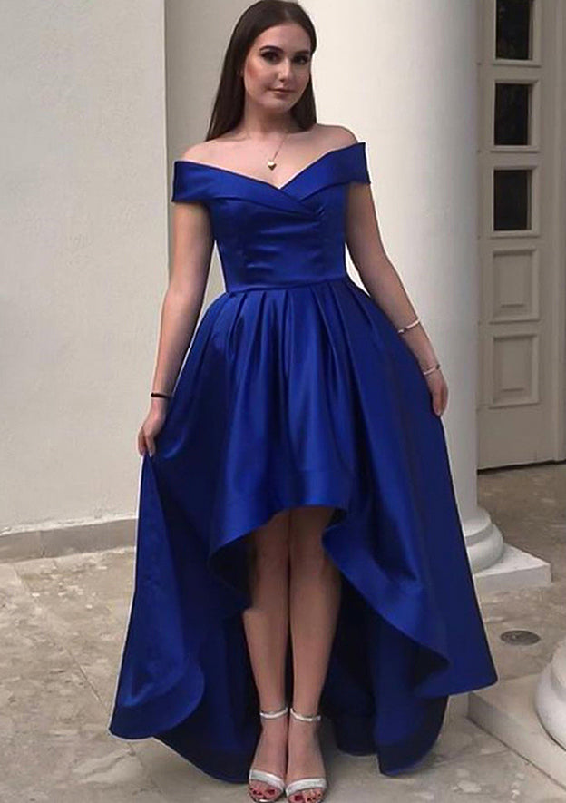 Elegant A-line Off-the-Shoulder Satin Dress with Ruffles for Homecoming