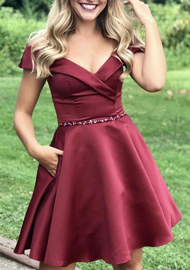 Elegant A-line Off-the-Shoulder Satin Homecoming Dress With Beading Pockets