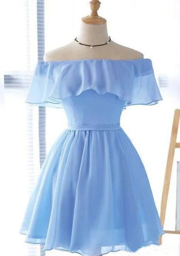 Elegant A-line Off-the-Shoulder Short Sleeve Chiffon Homecoming Dress with Pleated Detail