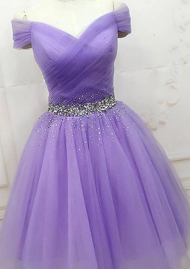 Elegant A-line Off-the-Shoulder Sleeveless Tulle Homecoming Dress with Pleated Beading