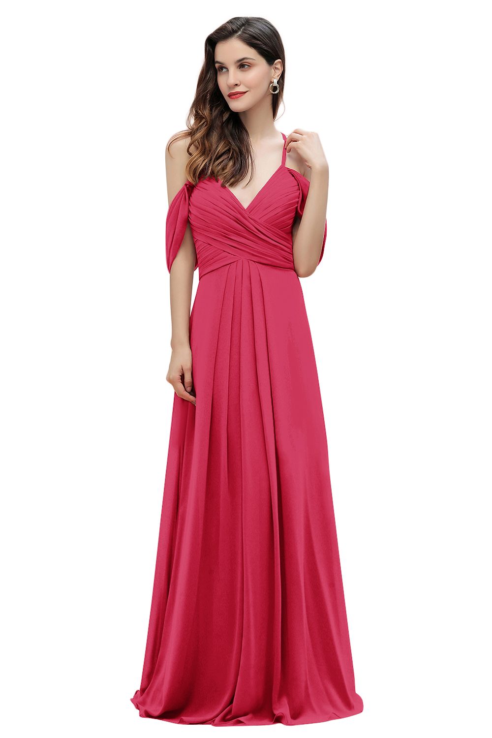 Elegant A-line Off-the-Shoulder V-neck Ruched Long Bridesmaid Dresses