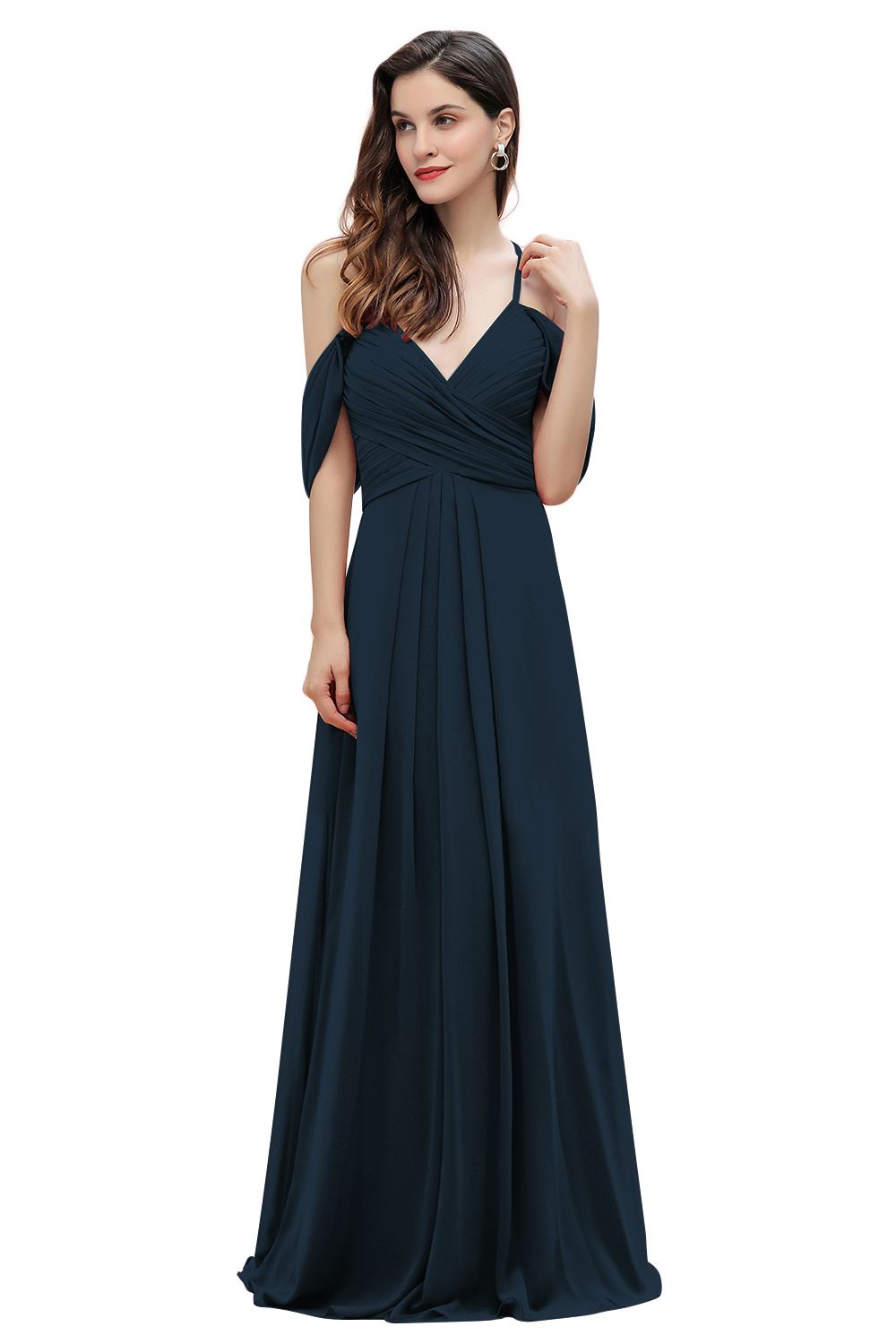 Elegant A-line Off-the-Shoulder V-neck Ruched Long Bridesmaid Dresses