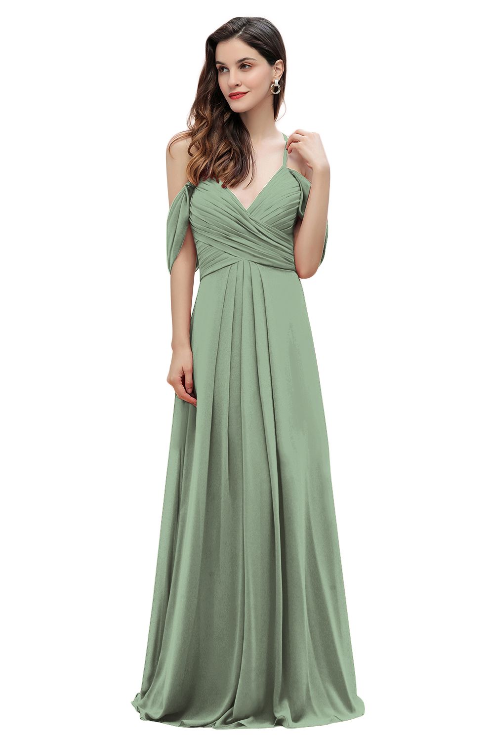 Elegant A-line Off-the-Shoulder V-neck Ruched Long Bridesmaid Dresses