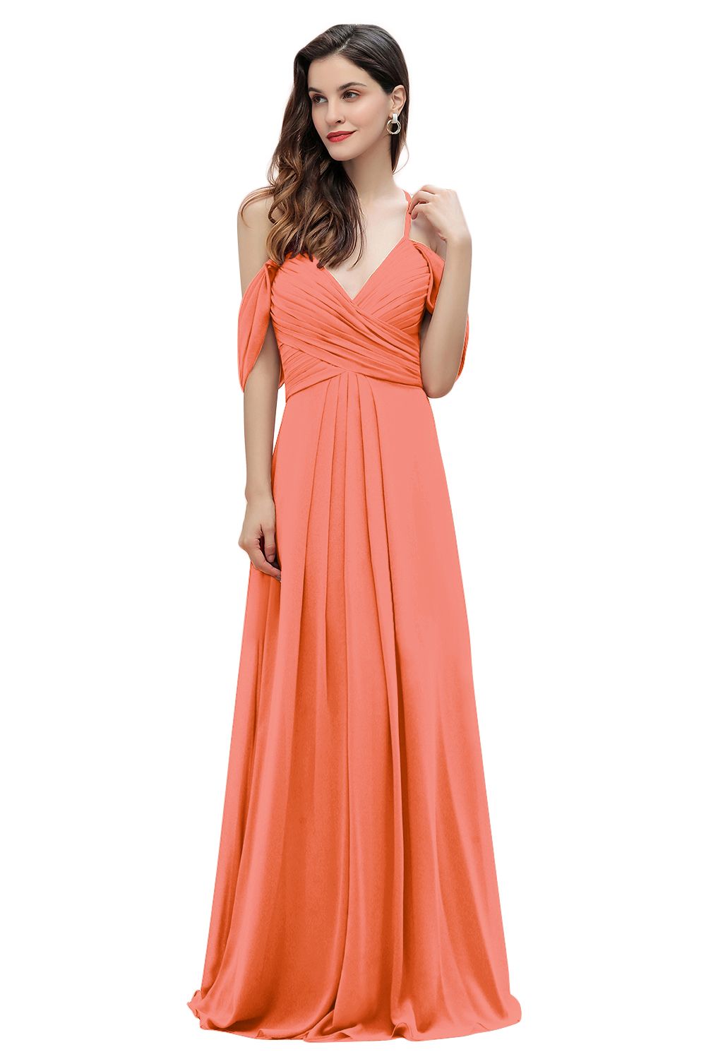 Elegant A-line Off-the-Shoulder V-neck Ruched Long Bridesmaid Dresses