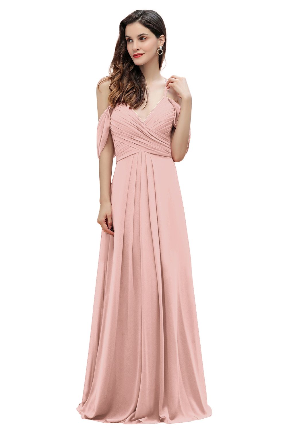 Elegant A-line Off-the-Shoulder V-neck Ruched Long Bridesmaid Dresses