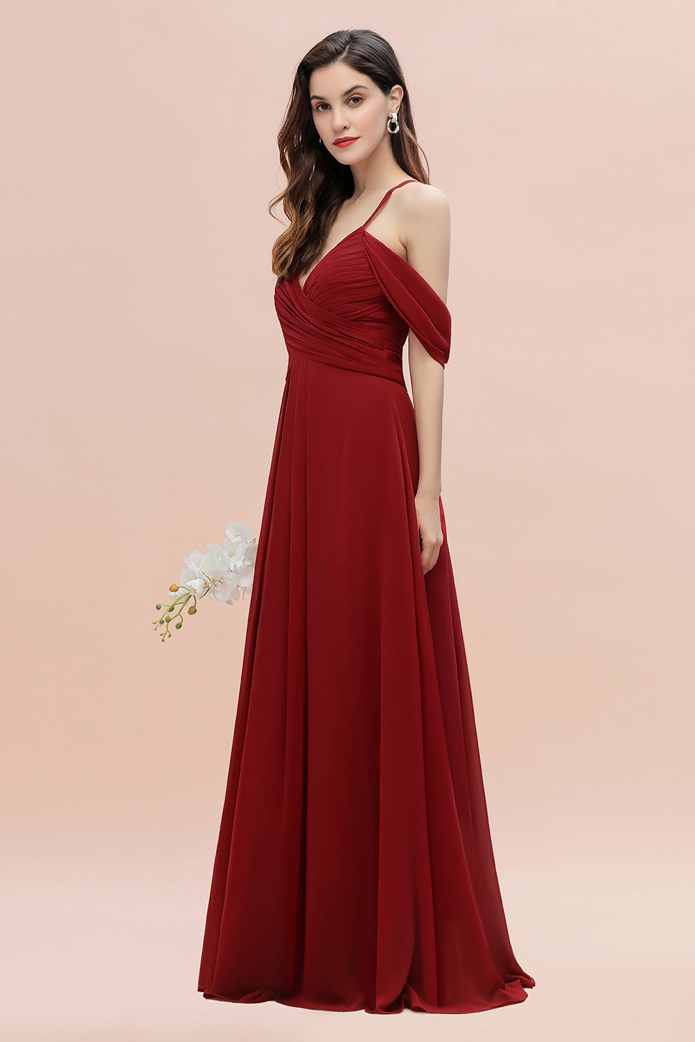 Elegant A-line Off-the-Shoulder V-neck Ruched Long Bridesmaid Dresses