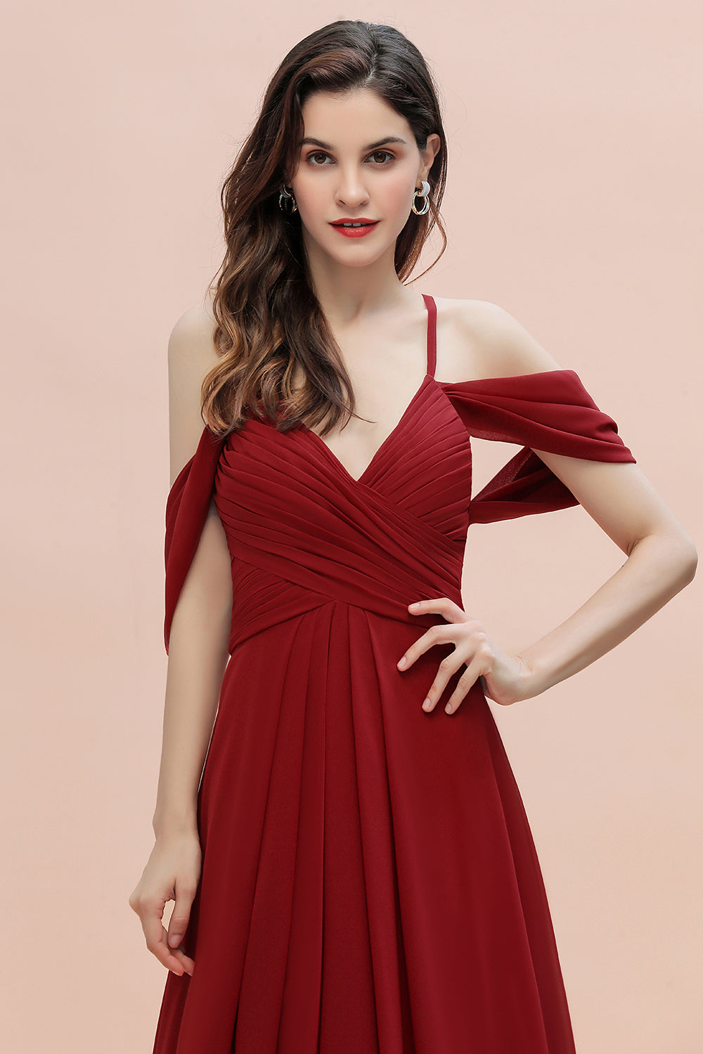 Elegant A-line Off-the-Shoulder V-neck Ruched Long Bridesmaid Dresses