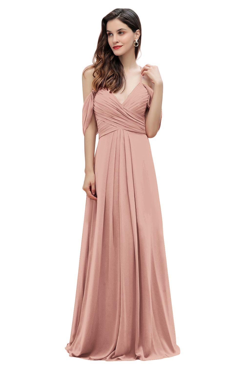 Elegant A-line Off-the-Shoulder V-neck Ruched Long Bridesmaid Dresses