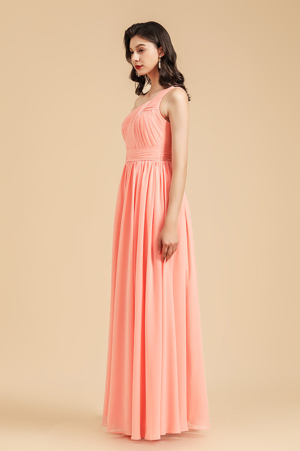 Elegant A-line One Shoulder Coral Chiffon Long Bridesmaid Dresses