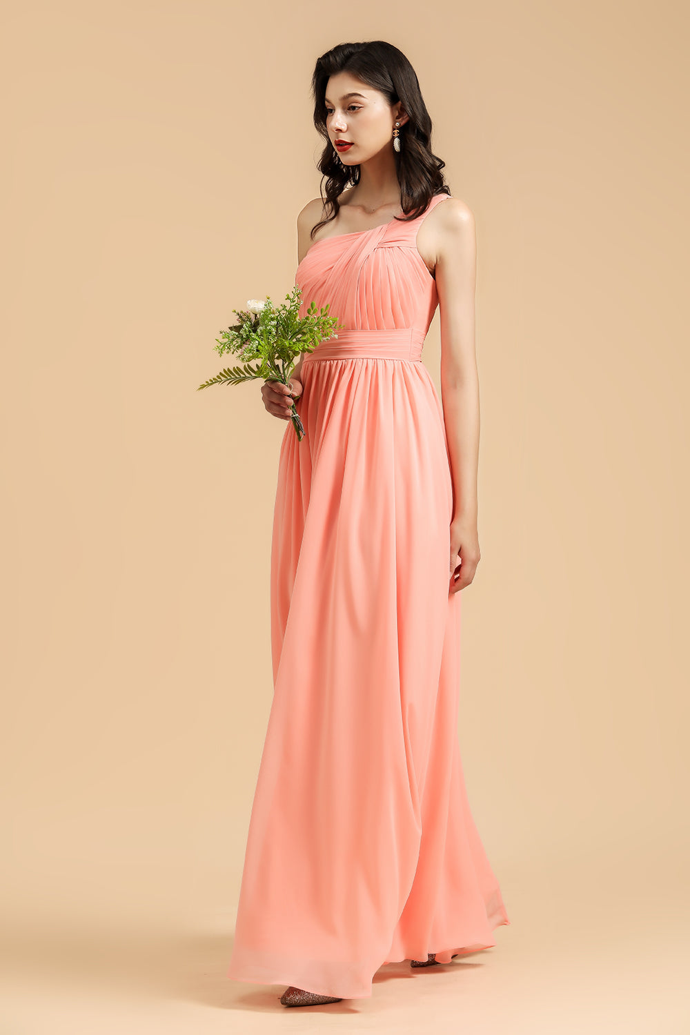 Elegant A-line One Shoulder Coral Chiffon Long Bridesmaid Dresses