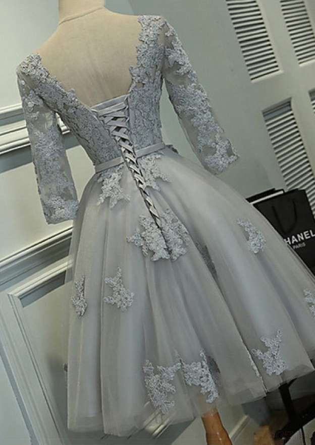 Elegant A-line Princess Bateau Half Sleeve Homecoming Dress with Bowknot Lace