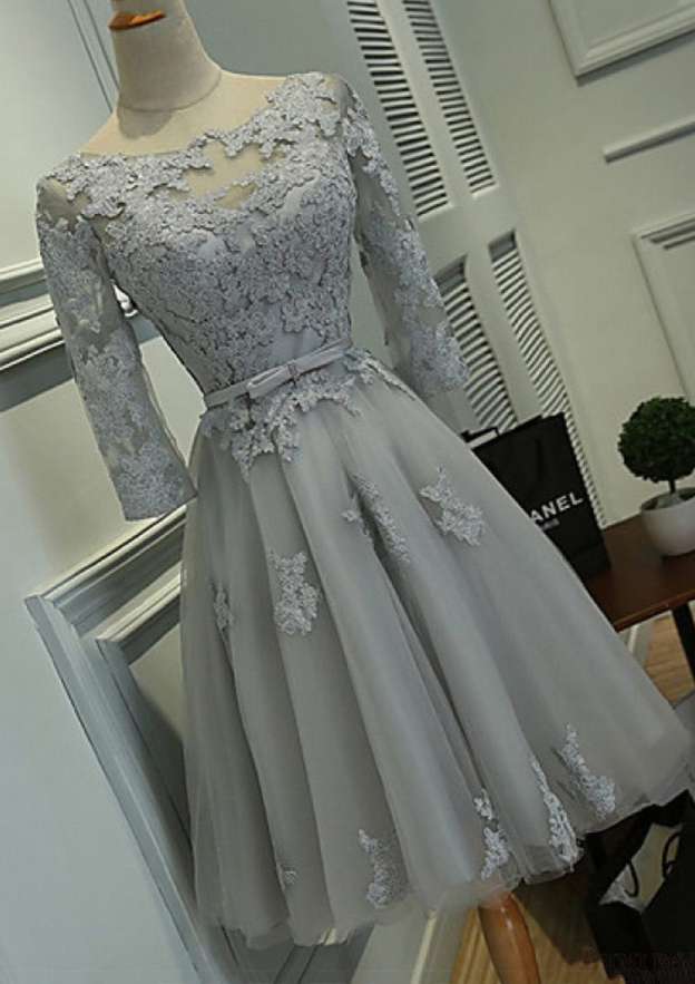 Elegant A-line Princess Bateau Half Sleeve Homecoming Dress with Bowknot Lace