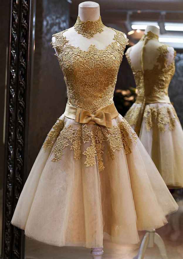 Elegant A-line Princess High-Neck Short Tulle Prom Dress With Appliqued Bowknot