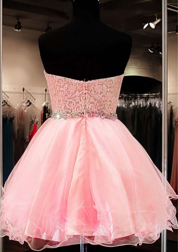 Elegant A-line Princess Sweetheart Short Organza Homecoming Dress with Rhinestone Appliques