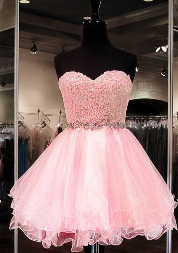 Elegant A-line Princess Sweetheart Short Organza Homecoming Dress with Rhinestone Appliques