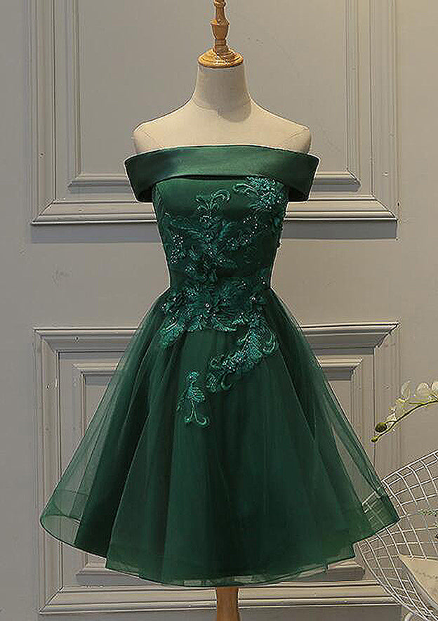 Elegant A-line Square Neck Sleeveless Tulle Satin Homecoming Dress with Appliqued Beading