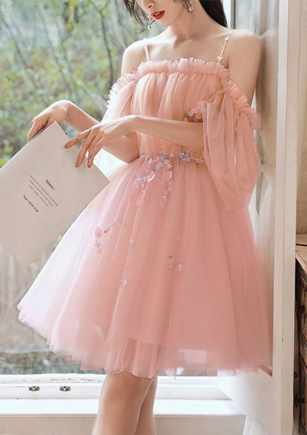 Elegant A-line Square Neckline Short Sleeve Tulle Homecoming Dress with Beading Pleats