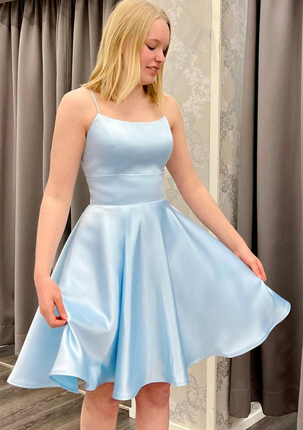 Elegant A-line Square Neckline Sleeveless Satin Short Homecoming Dress