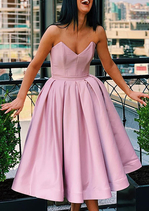 Elegant A-line Sweetheart Tea-Length Satin Homecoming Dress With Ruffles