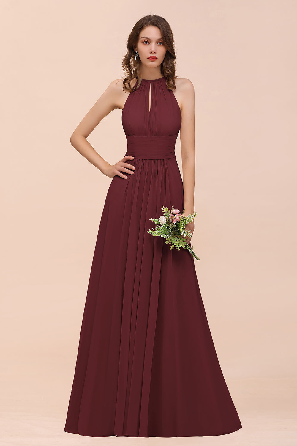 Elegant Chiffon Jewel Ruffle Champagne Affordable Bridesmaid Dresses