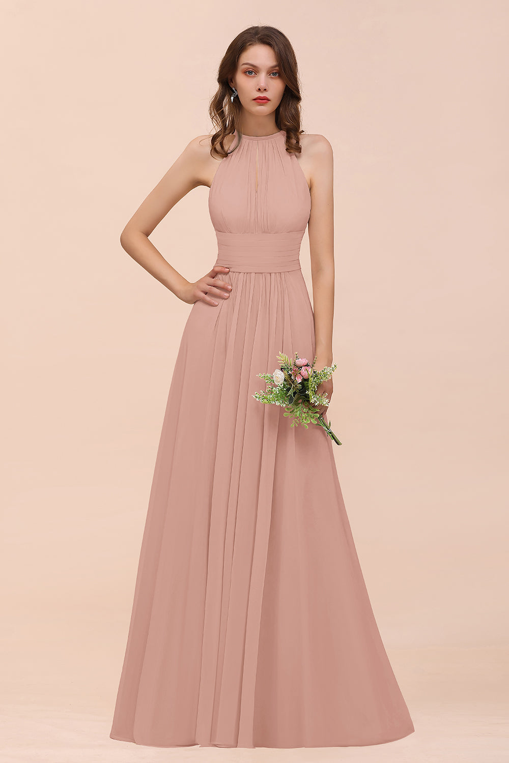 Elegant Chiffon Jewel Ruffle Champagne Affordable Bridesmaid Dresses