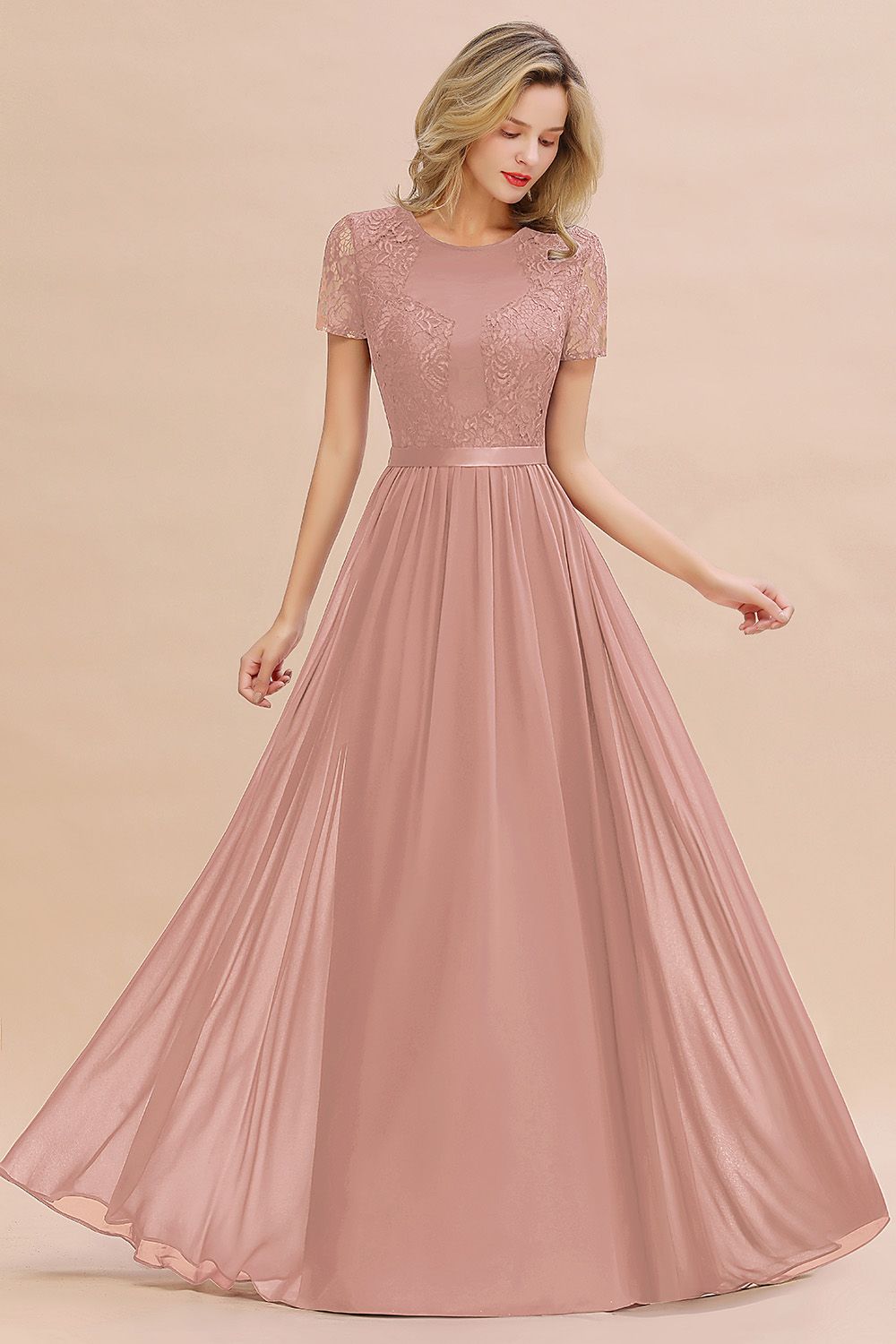 Elegant Chiffon Lace Jewel Short-Sleeves Affordable Bridesmaid Dresses