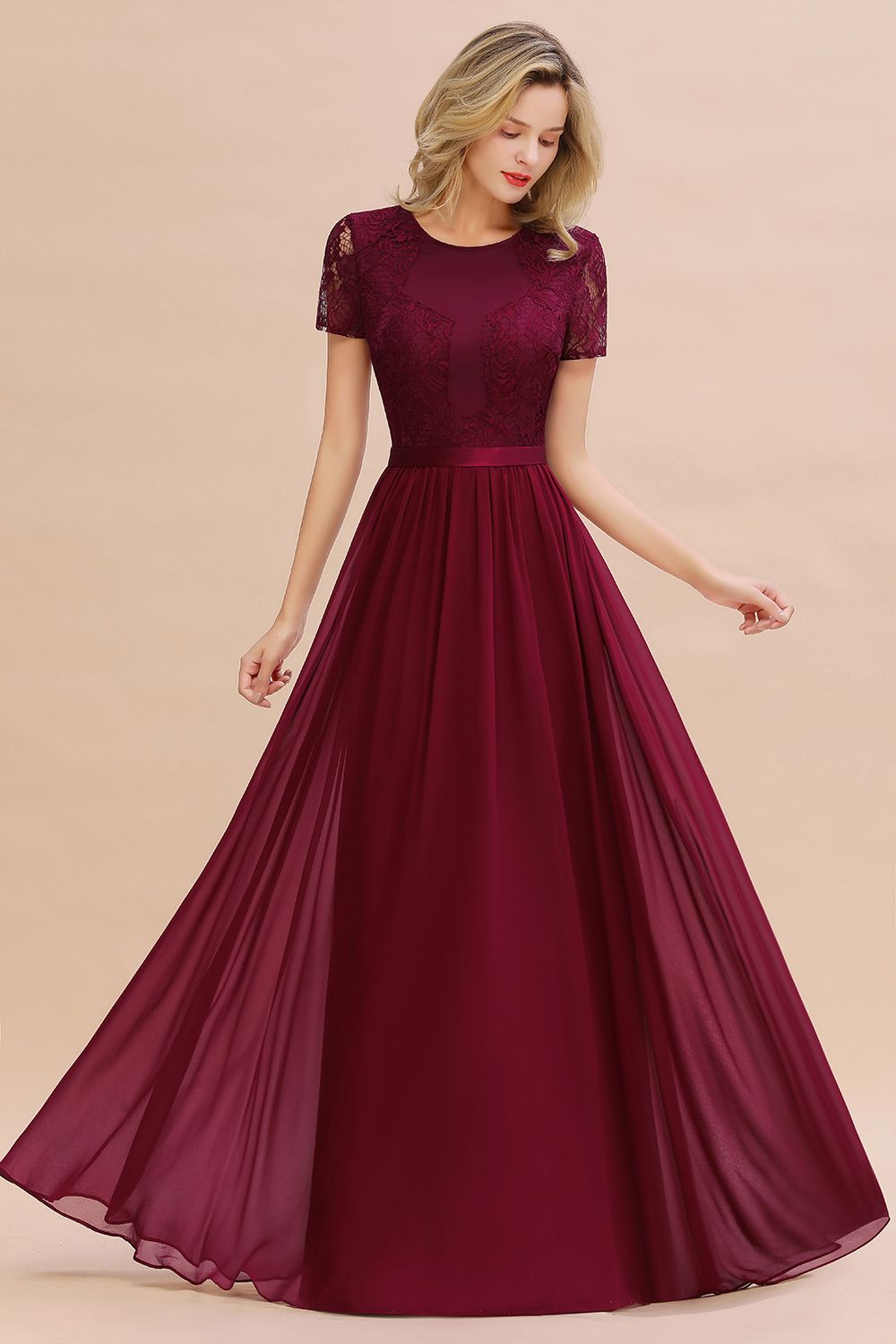 Elegant Chiffon Lace Jewel Short-Sleeves Affordable Bridesmaid Dresses