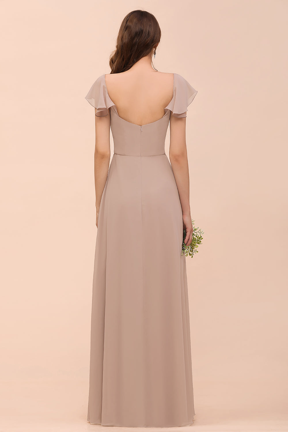 Elegant Chiffon Slit Affordable Bridesmaid dresses with  Short Sleeves