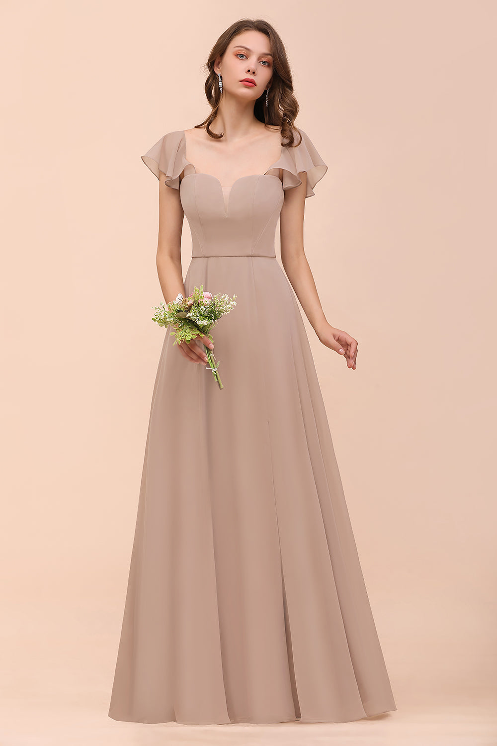 Elegant Chiffon Slit Affordable Bridesmaid dresses with  Short Sleeves