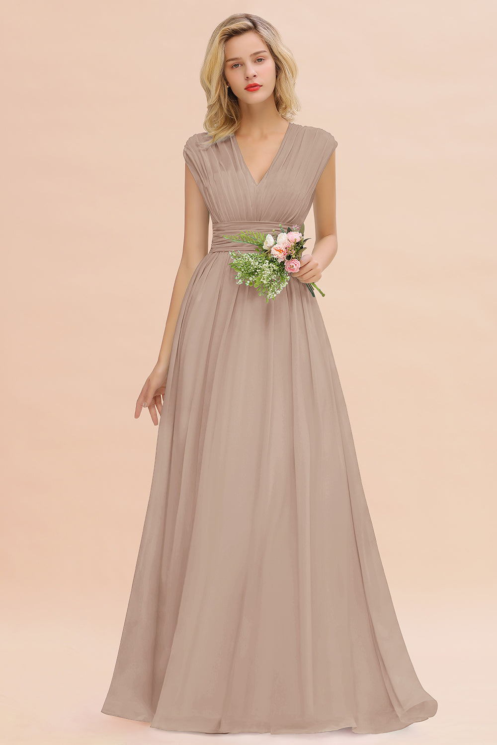 Elegant Chiffon V-Neck Ruffle Long Bridesmaid dresses Affordable