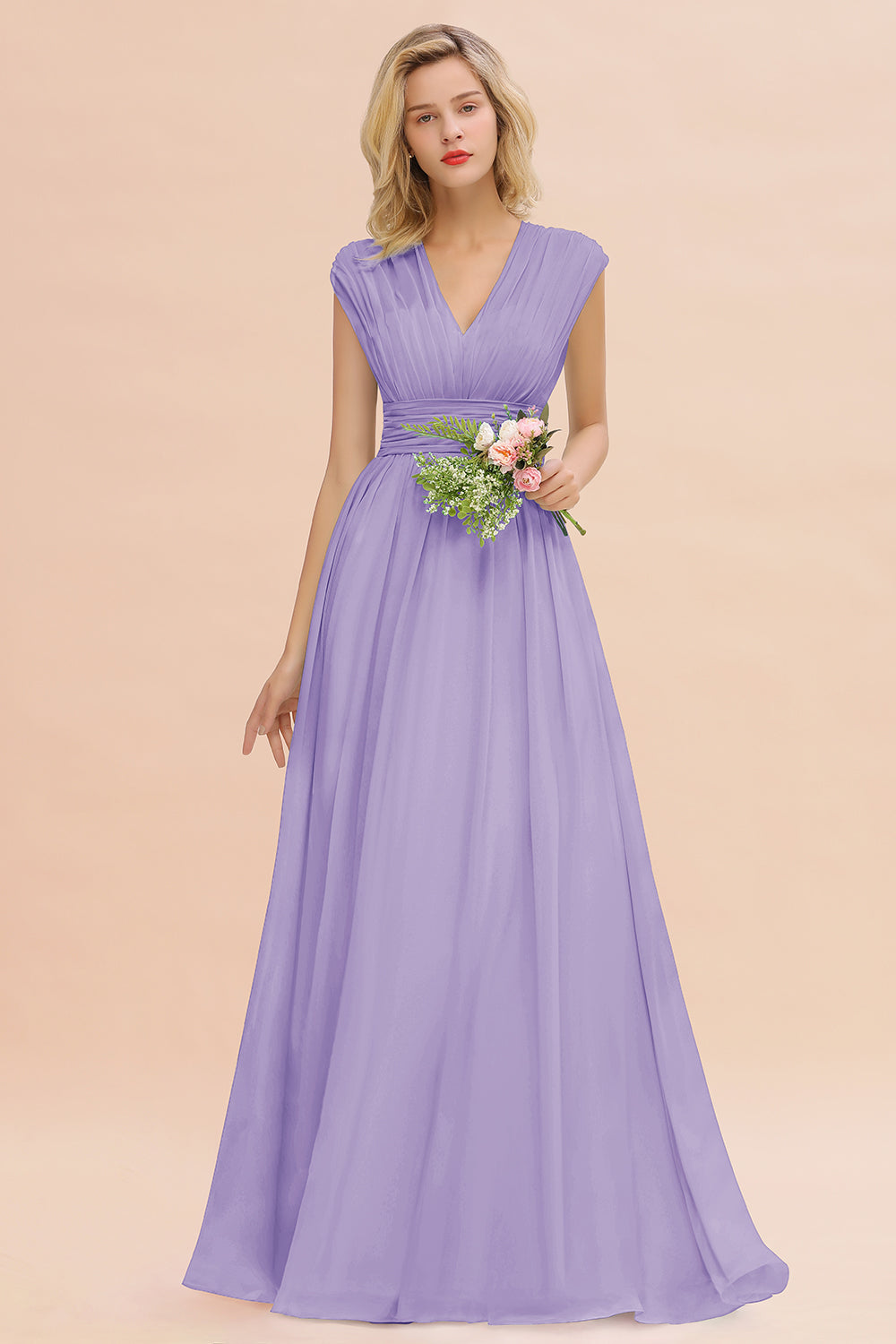 Elegant Chiffon V-Neck Ruffle Long Bridesmaid dresses Affordable