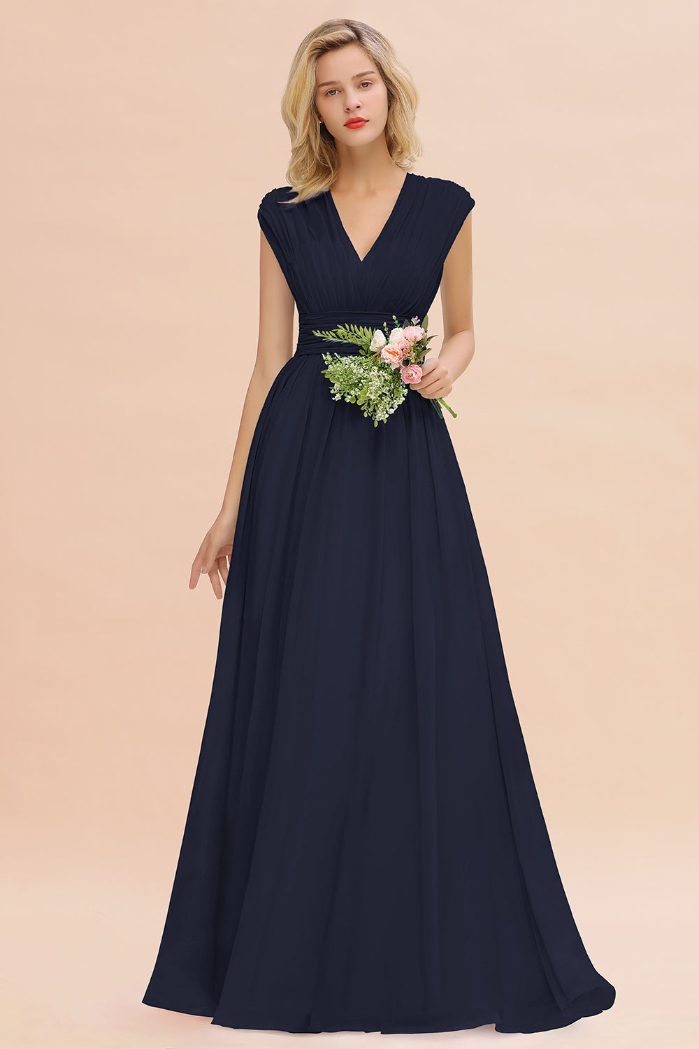 Elegant Chiffon V-Neck Ruffle Long Bridesmaid dresses Affordable