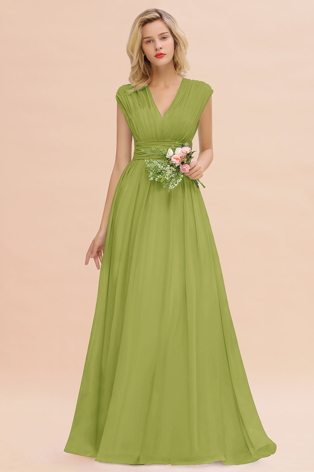 Elegant Chiffon V-Neck Ruffle Long Bridesmaid dresses Affordable