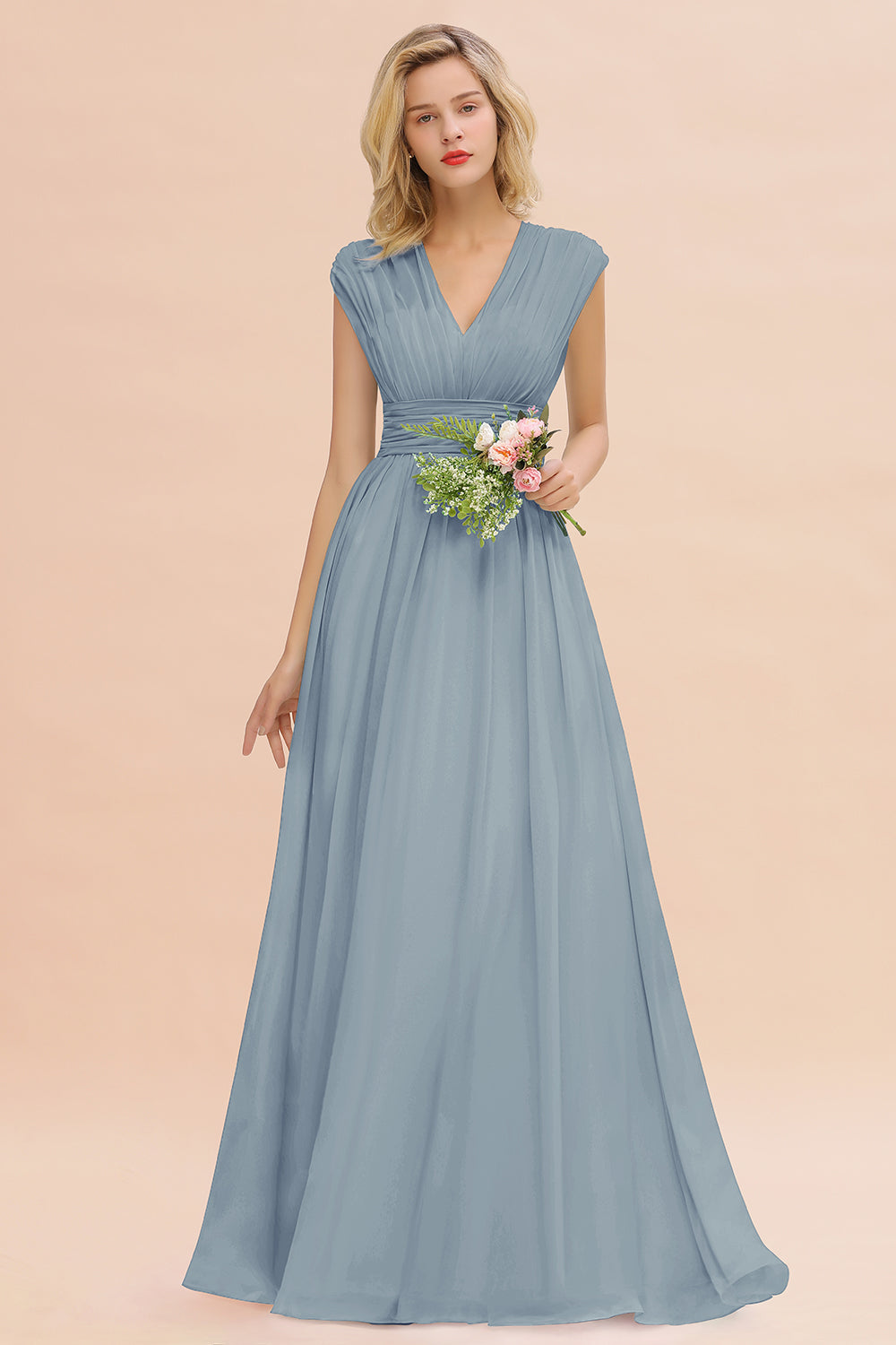 Elegant Chiffon V-Neck Ruffle Long Bridesmaid dresses Affordable