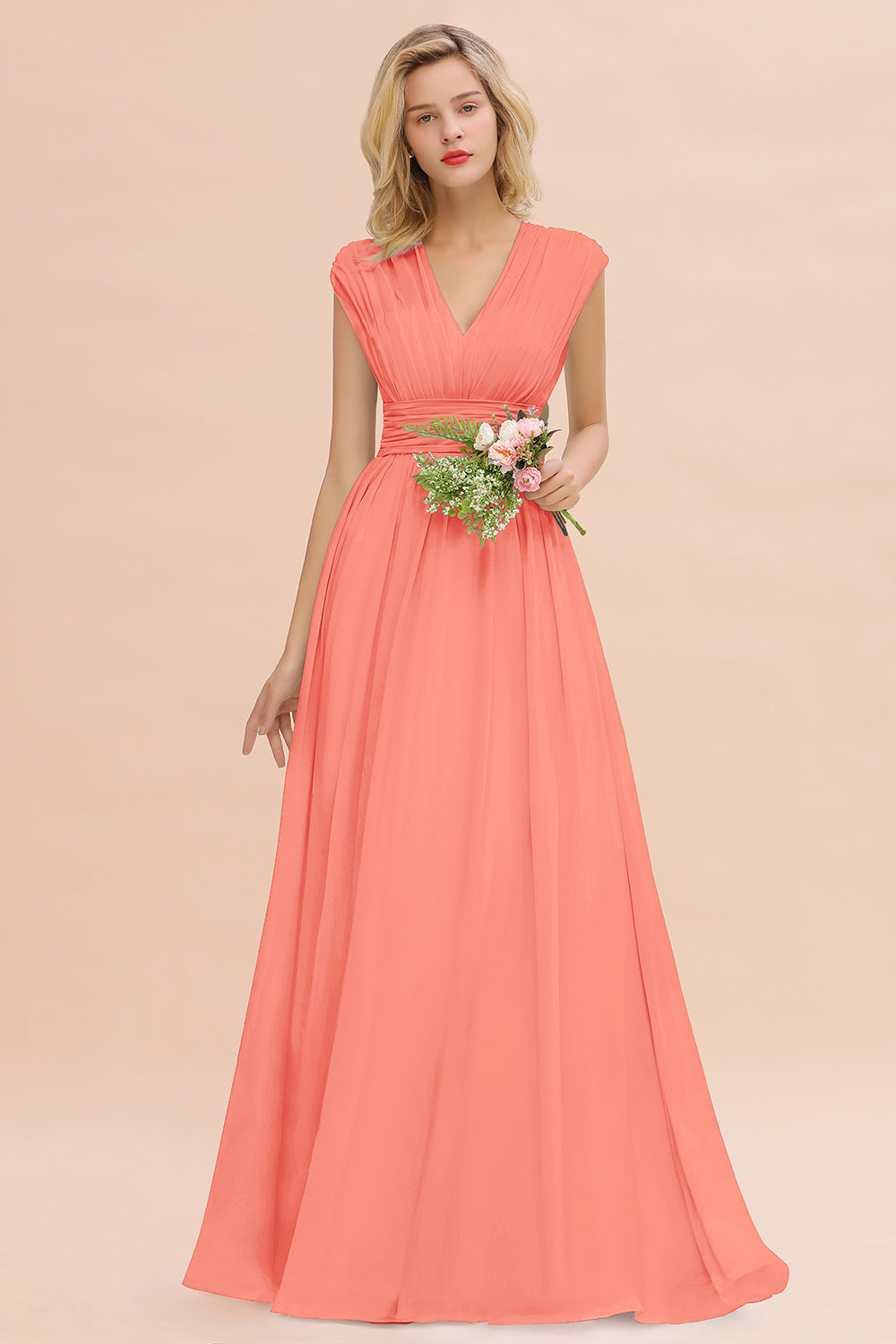 Elegant Chiffon V-Neck Ruffle Long Bridesmaid dresses Affordable