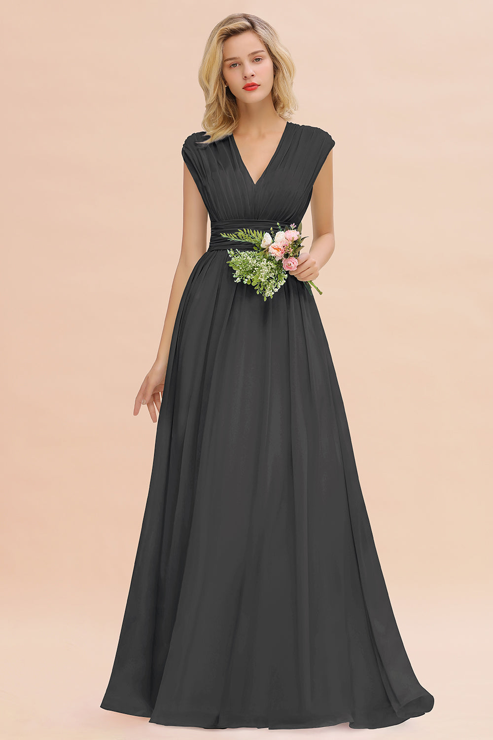 Elegant Chiffon V-Neck Ruffle Long Bridesmaid dresses Affordable